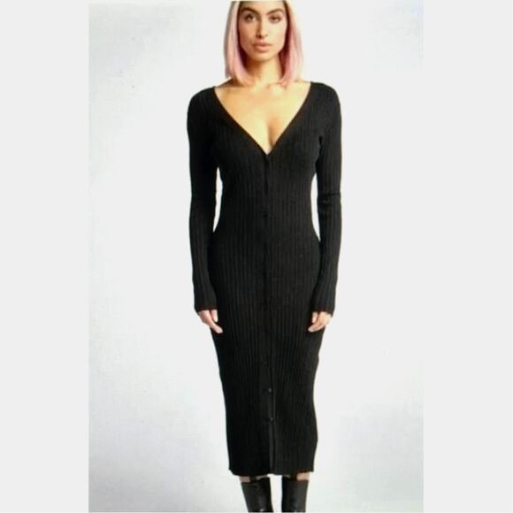 LITA By Ciara Icon Rib V Neck Cardigan Button Front Midi Dress Black M - Picture 2 of 16